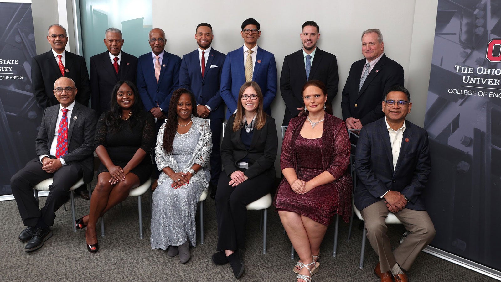 Front row, from left: Ashutosh Sabharwal, Stacyann P. Russell, Dean Ayanna Howard, Laura Ensign, Wendy A. McCall and Shalabh Chandra. Back row, from left: Srinivasan “KG” Ganapathi, Walter J. Davis Jr., Mahantesh S. Hiremath, Charles M. Muse, Sravana Karnati, John M. Sosa and John Lindberg, who accepted Austin E. Knowlton’s posthumous award.